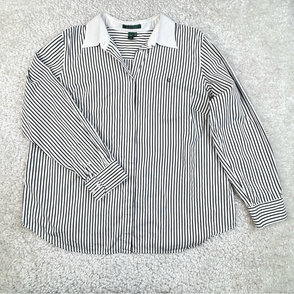 Lauren Ralph Lauren Black White Striped Button Up Shirt with Monogram. 1X